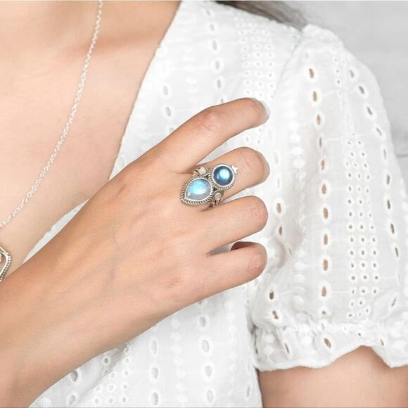 Vintage Style Silver Plated Rings  Moonstone and Labradorite Gemstone - Picture 11 of 12